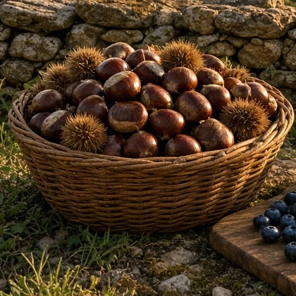 Panier d'osier rempli de châtaignes et de leurs bogues.