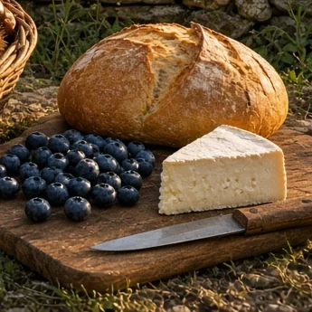Pain, myrtilles et fromage posés sur une planche de bois.